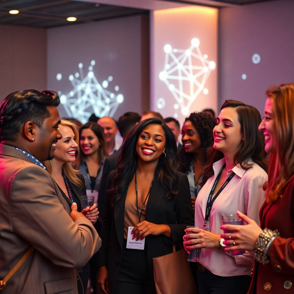 A hyperrealistic, 8K image depicting a diverse group of people, aged 25-55, networking at a modern, stylish event. They are engaging in lively conversations, smiling and interacting with each other.  Soft, warm lighting creates a welcoming atmosphere.  The background showcases an abstract, futuristic setting with subtle blockchain-inspired designs projected onto the walls.  The image needs to showcase the diversity and inclusiveness of the community, with people from various ethnic backgrounds, genders, and styles.  The color palette should be vibrant and energetic, emphasizing feelings of connection and collaboration. The textures should be realistic, showing the details of clothing and the environment. Style references:  Photographers like Annie Leibovitz for capturing authentic human interactions, and modern architectural photography to reflect a futuristic, forward-looking environment. The camera angle is from a slightly low perspective, making the people feel approachable and powerful. The overall mood should convey excitement, opportunity, and belonging.