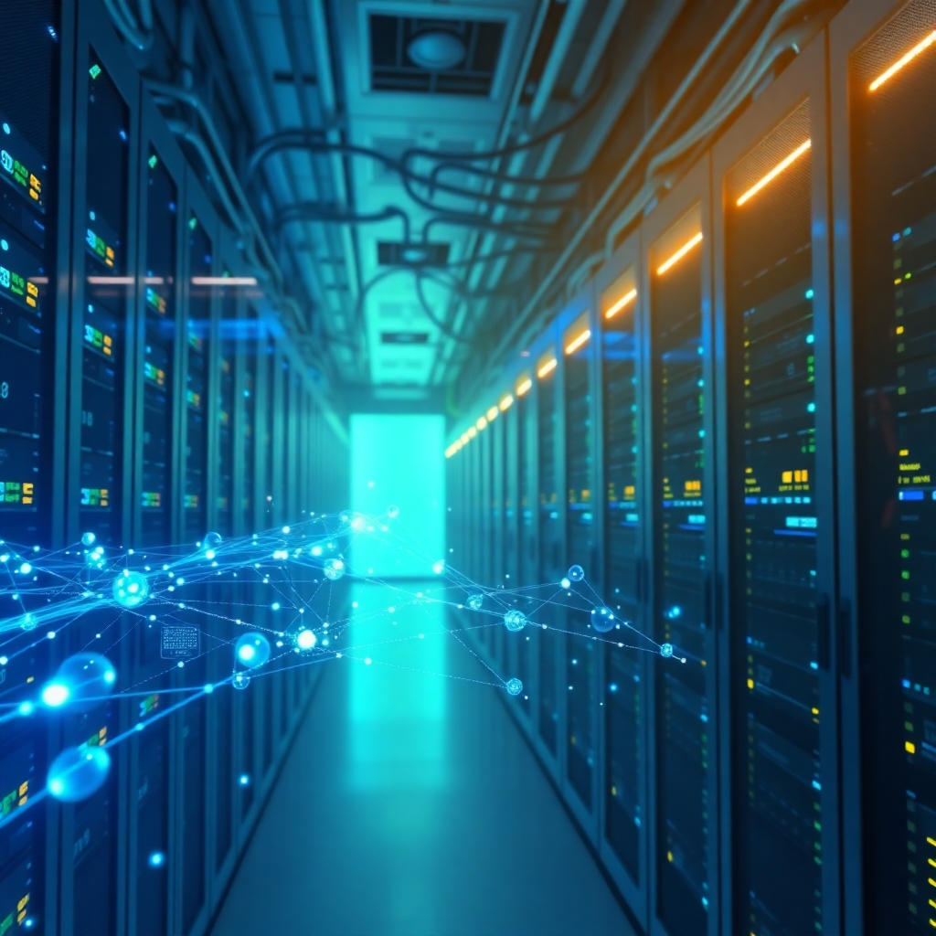 A photorealistic, ultra-high quality 8K image depicting a futuristic server room, softly lit with cool blue and green hues.  The focus is on rows of gleaming, powerful servers humming with activity, their lights pulsing rhythmically.  Intricate cabling snakes between the servers, creating a visually complex web.  In the foreground, a holographic projection displays dynamic blockchain data streams and cryptocurrency values, shimmering with ethereal energy. The perspective is slightly elevated, looking down on the servers.  Textures should be hyperrealistic, showing the smooth metal of the servers and the intricate detail of the cables.  The mood is one of technological innovation and efficiency. Style:  Inspired by Syd Mead's futuristic designs and the clean lines of Apple products. The image should feel both powerful and calming, conveying a sense of secure and reliable technology.