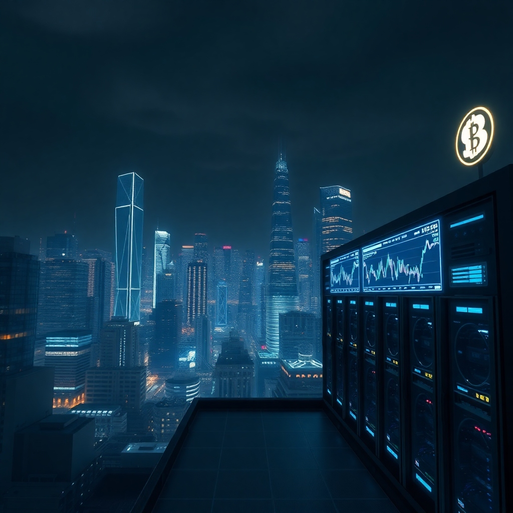 A photorealistic image depicting a futuristic cityscape at night, with glowing holographic displays showing cryptocurrency charts and mining rigs humming quietly in a server room. The overall mood should be one of calm, efficient, and passive wealth generation.