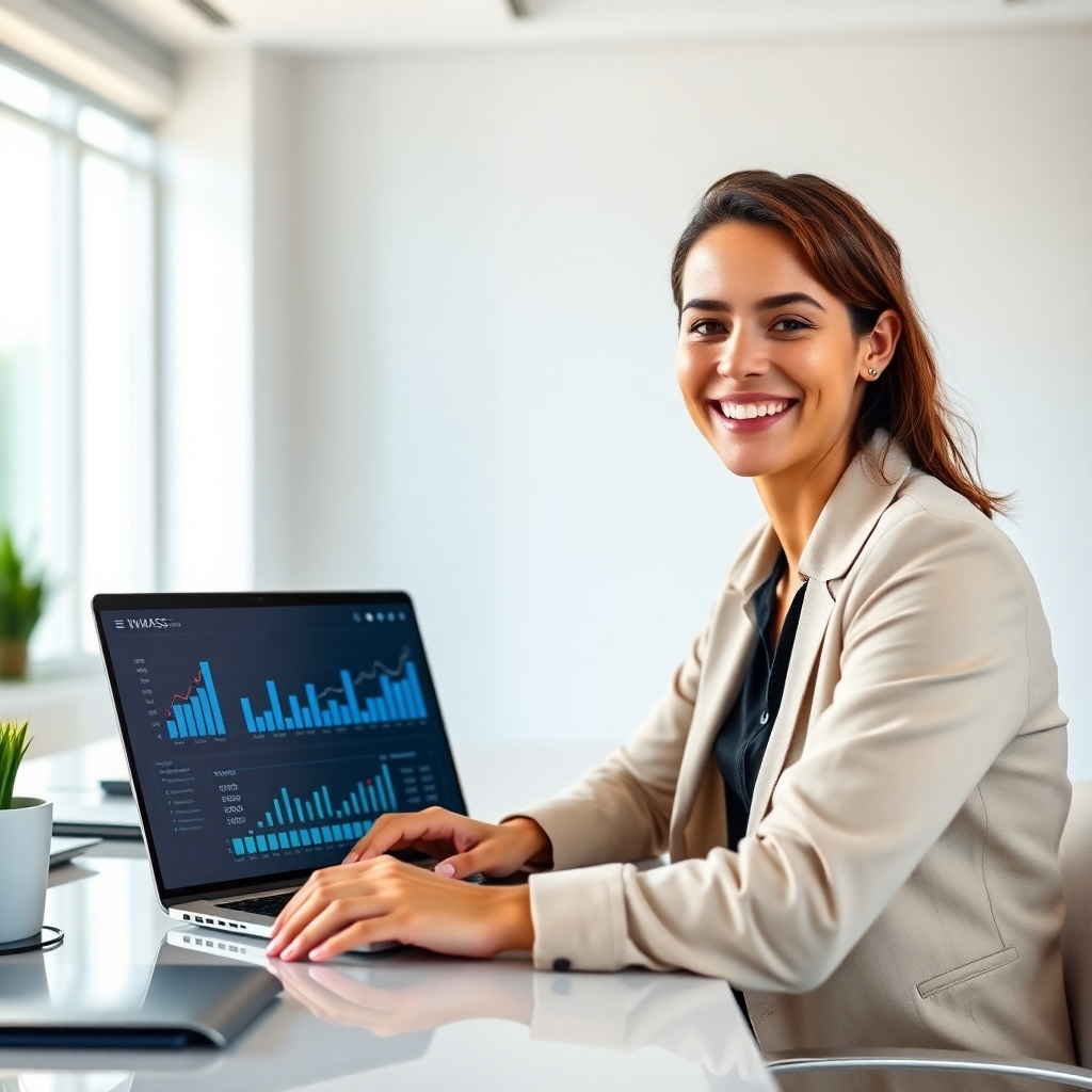 A photorealistic image depicting a person smiling confidently, sitting at a modern desk with a laptop displaying a futuristic WAAS interface, surrounded by charts indicating financial growth and success.  The background should be a minimalist, bright office with natural light streaming in. The overall feeling should be one of empowerment and achievement.
