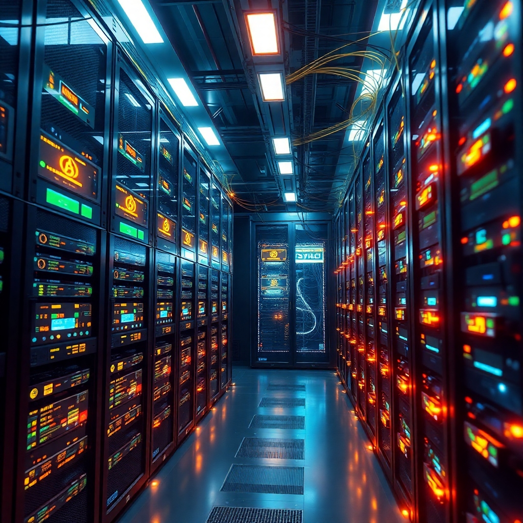 A photorealistic image depicting a futuristic server room with glowing nodes and complex network connections, showcasing the process of cryptocurrency mining and blockchain validation.  Include visual representations of data streams, energy efficient hardware, and a sense of technological advancement.
