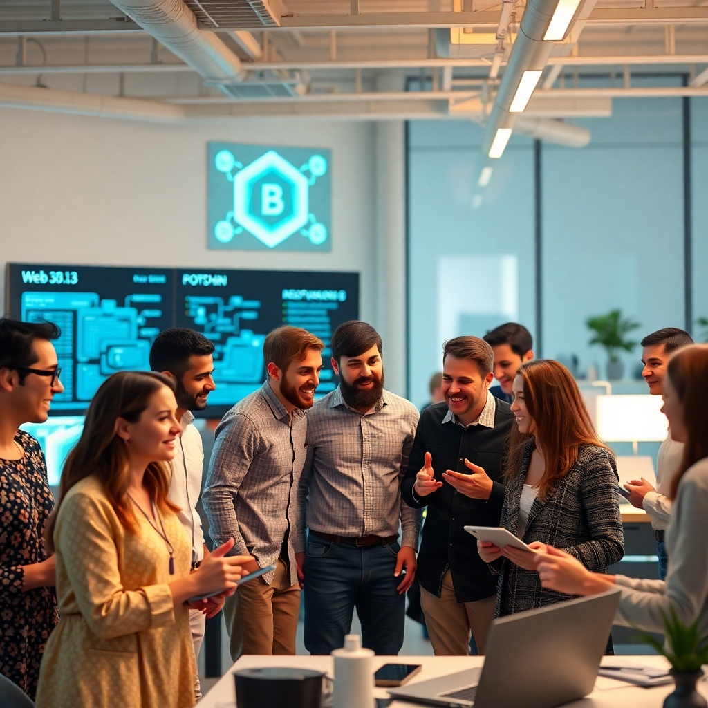 A photorealistic image depicting a diverse group of people collaborating in a bright and modern workspace, surrounded by technology related to blockchain and Web 3.0. Showcase friendly interactions, active discussion, and a collaborative atmosphere. Emphasize the community aspect with visuals of teamwork and shared learning.