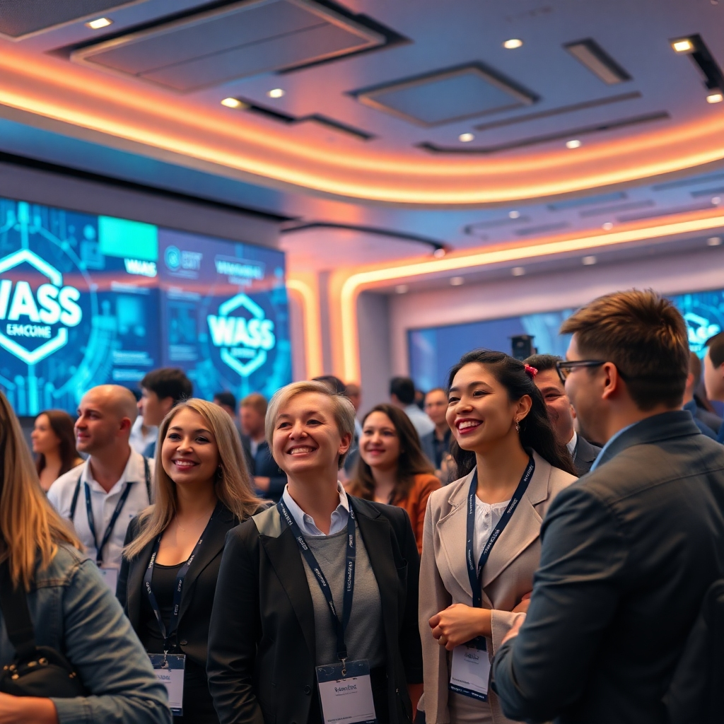 A photorealistic image of a diverse group of people, smiling and engaged in conversation, attending a futuristic, technology-focused conference. The setting should be a sleek, modern conference hall with large screens displaying WAAS branding and blockchain technology visuals. The atmosphere should feel positive, collaborative, and exciting.