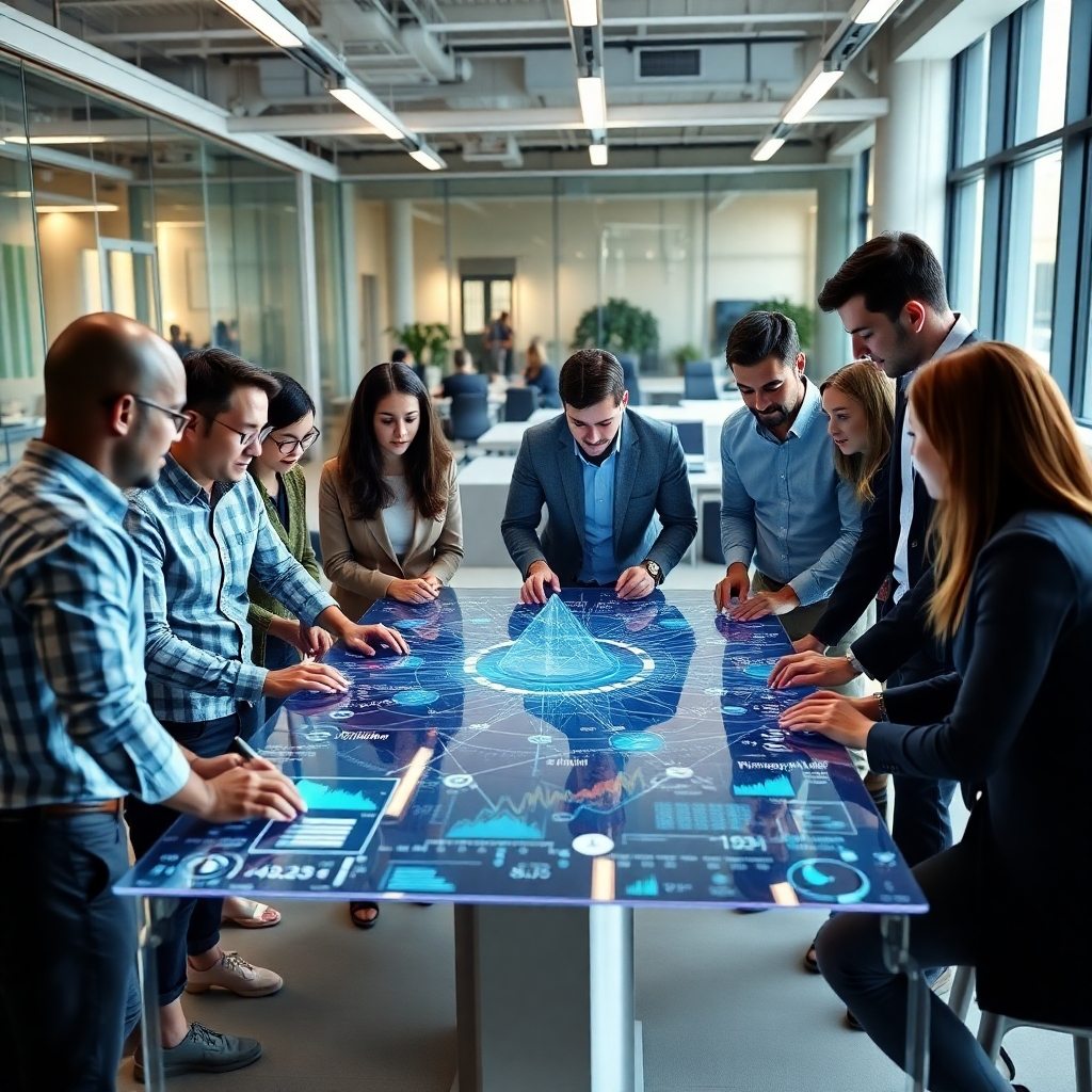 A photorealistic image of a diverse group of people collaborating around a holographic table displaying complex blockchain data and WAAS related information. The setting should be a modern, open-plan office space, conveying a sense of innovation and teamwork. The lighting should be bright and dynamic.
