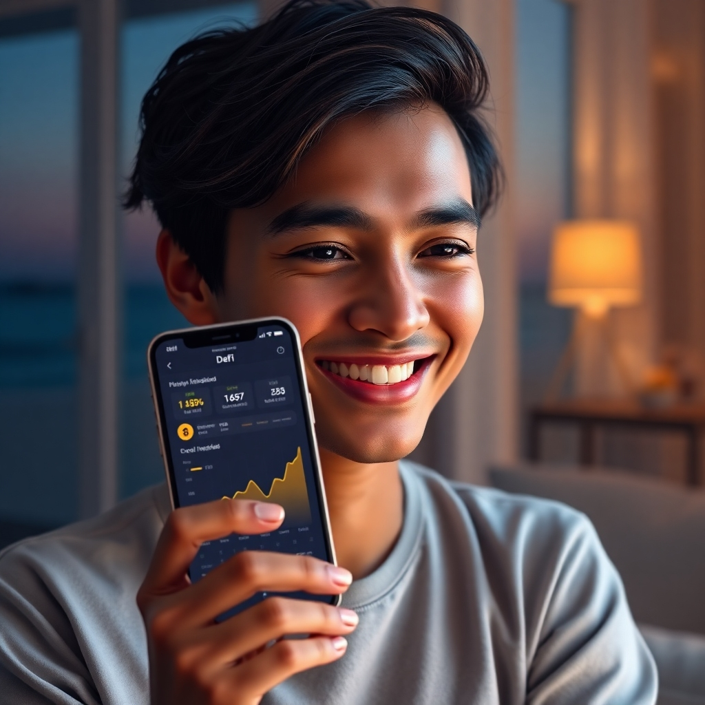 A photorealistic image of a person smiling confidently while looking at a smartphone displaying a DeFi dashboard showing increasing cryptocurrency values and positive financial indicators. The background features subtle imagery hinting at financial freedom, such as a tropical beach or a comfortable home.