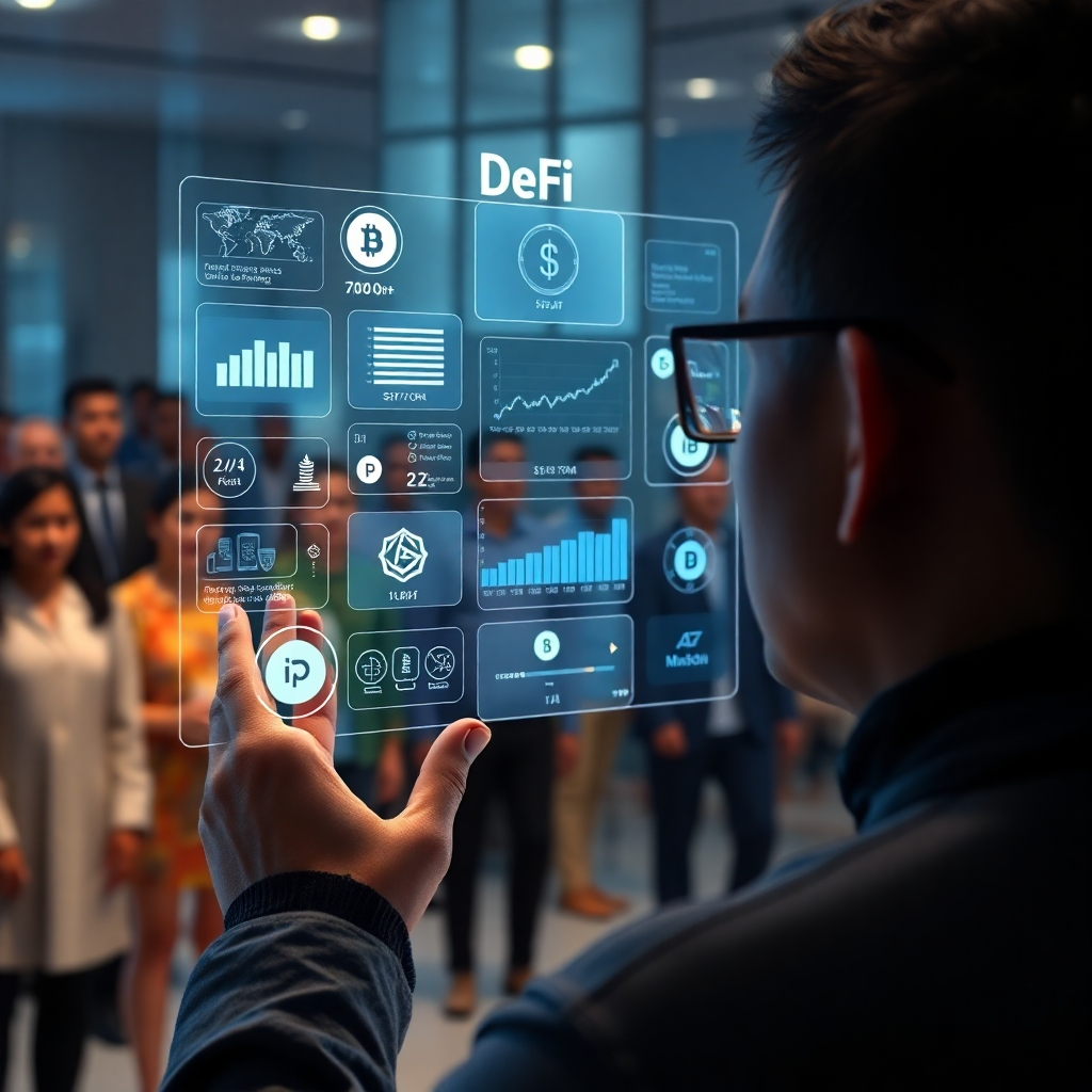 A photorealistic image of a person looking at a holographic display showing various DeFi applications, charts, and cryptocurrency tokens. Emphasize the futuristic and innovative aspects of DeFi technology, with clean and minimalist visuals. Show a diverse representation of people in the background, symbolizing inclusivity and global access.