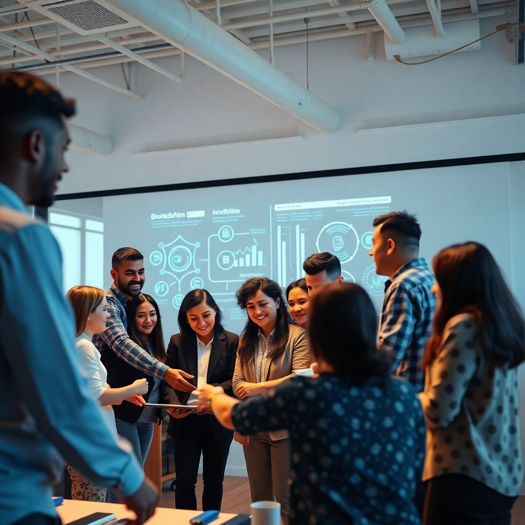 A photorealistic image showing a diverse group of people, of various ages and ethnicities, collaborating on a project in a modern, bright office space, with blockchain-related diagrams projected on the wall.  The scene is energetic and collaborative, with a feeling of innovation and community.