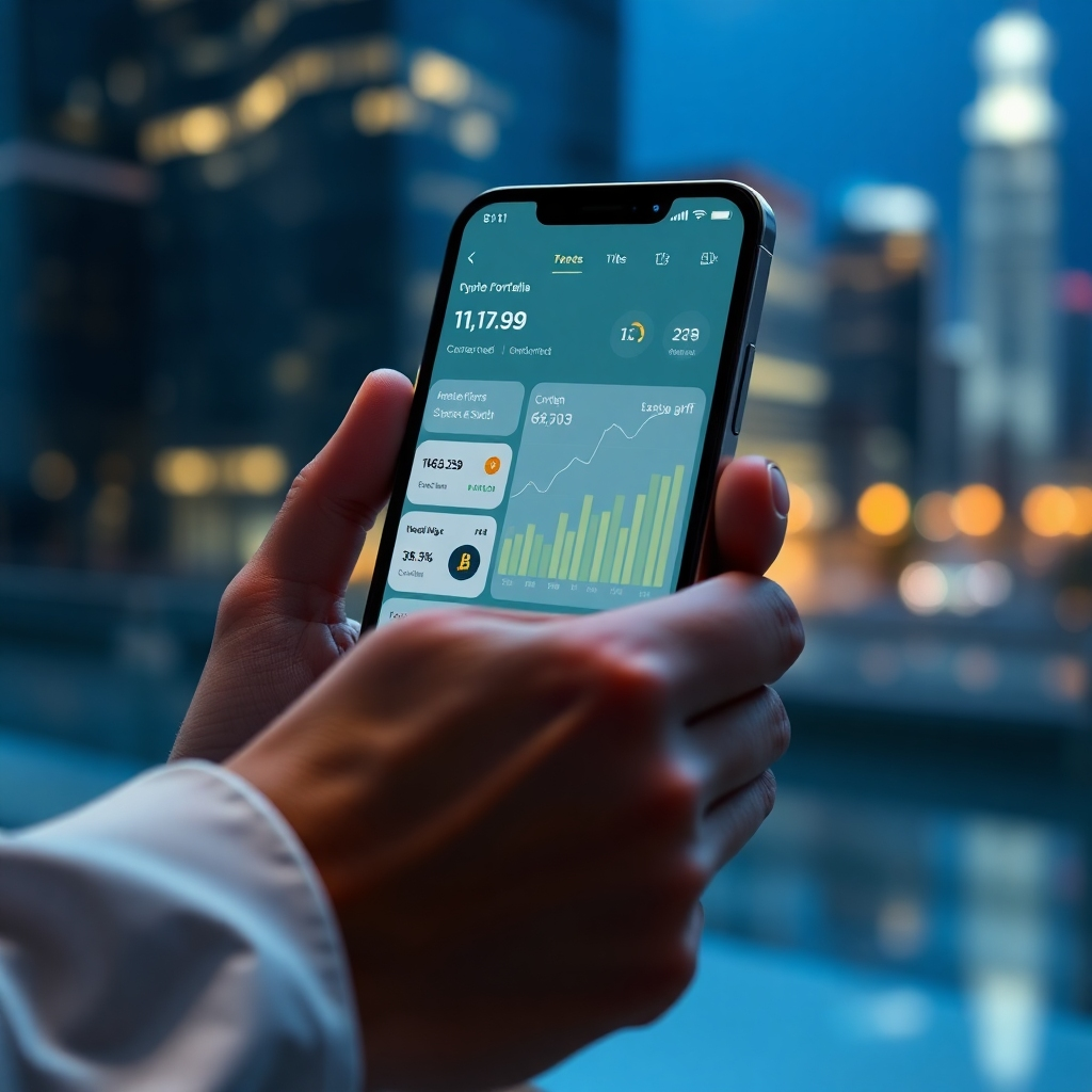 An ultra-detailed 8K image showing a person using a sleek, futuristic smartphone to manage their crypto portfolio.  The phone screen displays a user-friendly interface showcasing various DeFi applications, tokenized assets, and dynamic charts illustrating financial growth. Soft, warm lighting illuminates the scene. The background subtly features a blurred cityscape at night, emphasizing the global reach of decentralized finance. The color palette is sophisticated, featuring calming blues, greens, and accents of gold. The image needs to exude elegance, sophistication, and trustworthiness, portraying a sense of financial empowerment and control. The style should evoke the clean, minimalist aesthetics of Apple commercials.  The image needs to be hyperrealistic and extremely detailed, with accurate reflections and realistic textures on both the phone and the person's hands. The camera angle is slightly elevated, emphasizing the technology's user-friendliness.