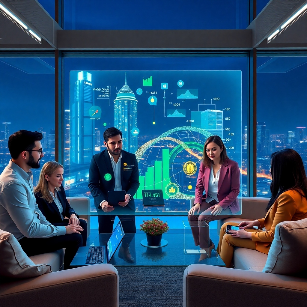 Create a photorealistic, ultra-high quality 8K resolution header image for a financial management and consulting business named ROBY WAAS, focusing on Web 3.0 opportunities. The image should depict a diverse group of professionals (3-5 people, mix of ages and genders) collaborating around a large, transparent holographic display showcasing dynamic blockchain data visualizations (e.g., network nodes, cryptocurrency transactions, tokenized assets). The scene is set in a modern, minimalist office space with large windows offering a view of a futuristic cityscape at night.  The lighting should be a blend of soft, ambient light from the city outside and focused task lighting highlighting the holographic display and the team's faces. The color palette should be sophisticated and tech-forward, using deep blues, vibrant greens, and accents of gold representing growth and prosperity. The mood should be optimistic, energetic, and forward-looking. The camera angle should be slightly elevated, offering a dynamic perspective of the collaborative scene.  Textures should include polished glass surfaces, sleek metallic accents, and soft fabrics on the furniture.  The background should include subtle details like glowing city lights and futuristic architectural elements. Relevant props could include wireless keyboards, tablets, and smartphones displaying blockchain-related information. Style references:  photorealistic renderings of modern tech companies, cyberpunk aesthetics, and illustrations by Syd Mead. The overall image should exude a sense of trust, innovation, and financial success, reflecting the high-quality services offered by ROBY WAAS., ultra high resolution, photorealistic, 8K, hyperdetailed, cinematic lighting